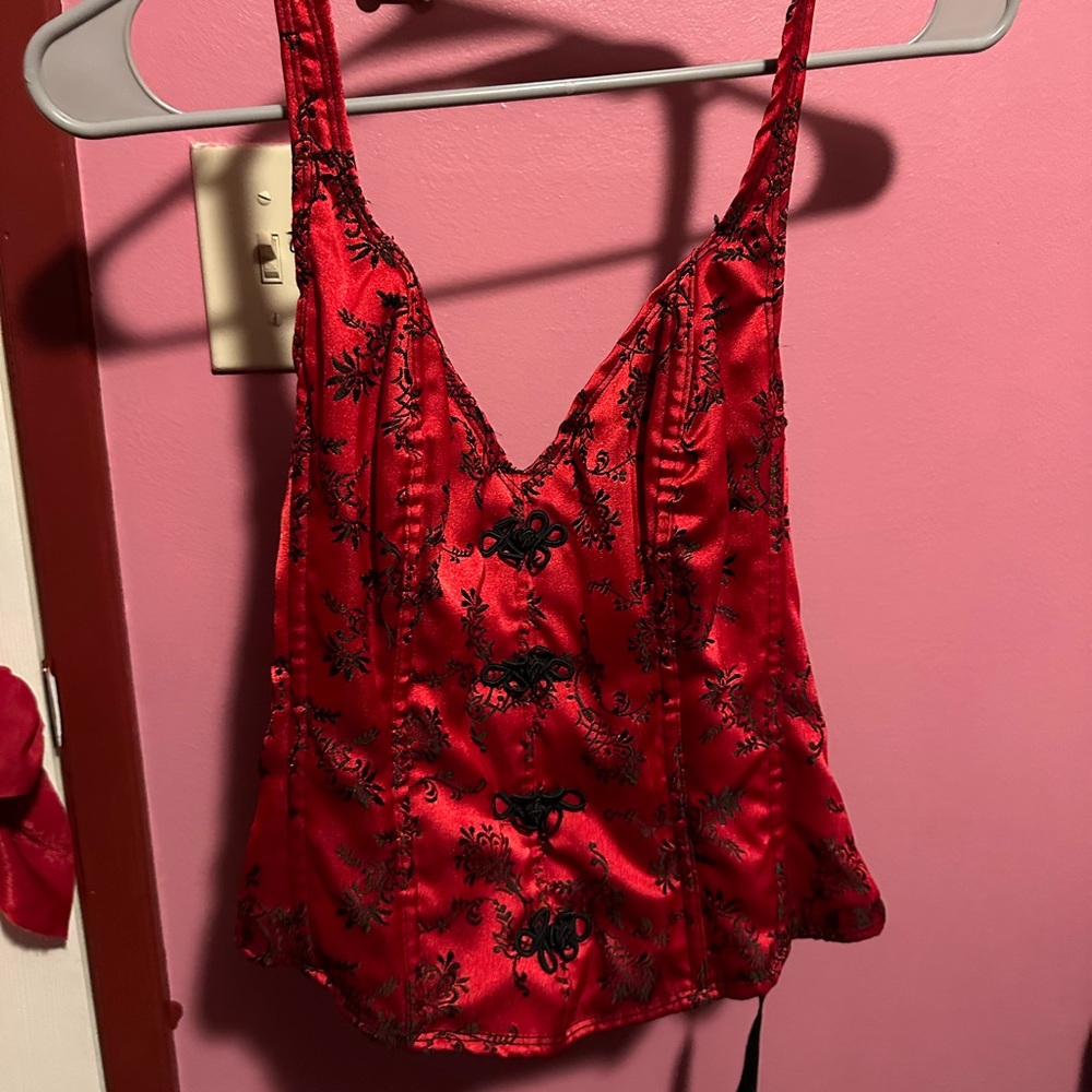 Red and black satin halter corset, hook eye closure with garter straps